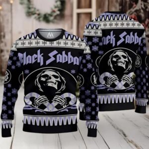 Black Sabbath The Death Skeleton Holding Candy Crane Gift For Fans Ugly Christmas Sweater