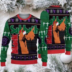 Black Sabbath Vol 4 Album Cover Holiday Style With Santa Hat Signature Symbols Heavy Metal 2025 Ugly Christmas Sweater