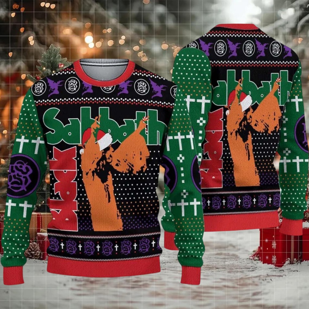 Black Sabbath Vol 4 Album Cover Holiday Style With Santa Hat Signature Symbols Heavy Metal 2025 Ugly Christmas Sweater