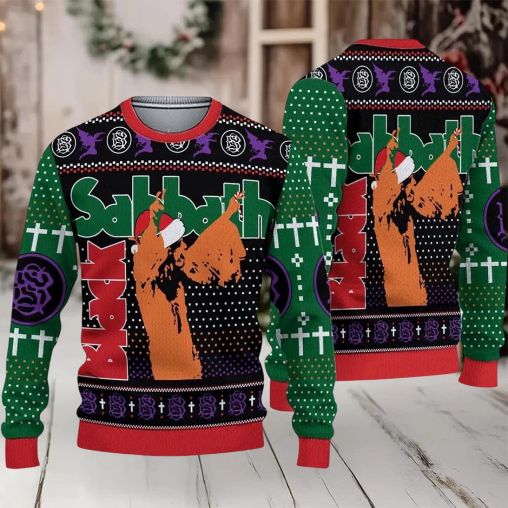 Black Sabbath Vol 4 Album Cover Holiday Style With Santa Hat Signature Symbols Heavy Metal 2025 Ugly Christmas Sweater Black Sabbath Vol 4 Album Cover Holiday Style With Santa Hat Signature Symbols Heavy Metal 2025 Ugly Christmas Sweater