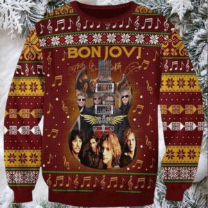 Bon Jovi Band Guitar With Signatures Band Photos Vintage Ugly Christmas Sweater