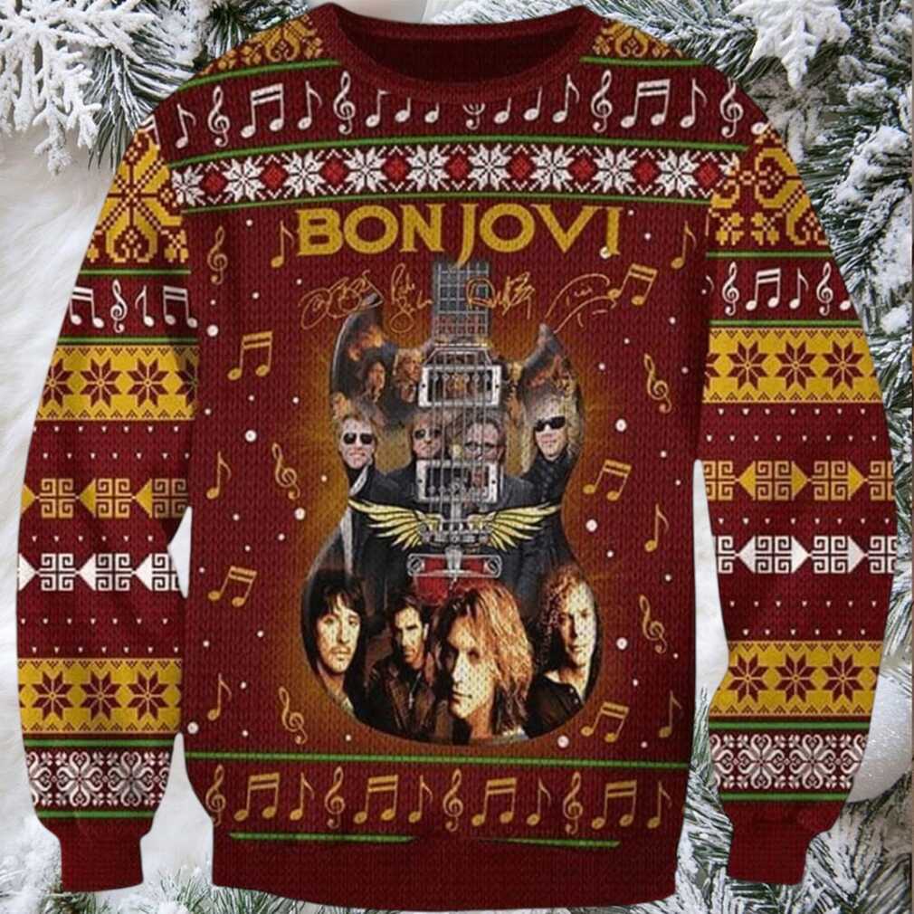 Bon Jovi Band Guitar With Signatures Band Photos Vintage Ugly Christmas Sweater