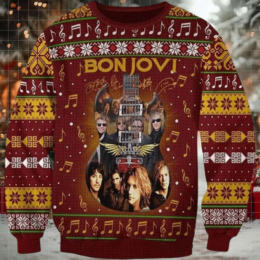 Bon Jovi Band Guitar With Signatures Band Photos Vintage Ugly Christmas Sweater