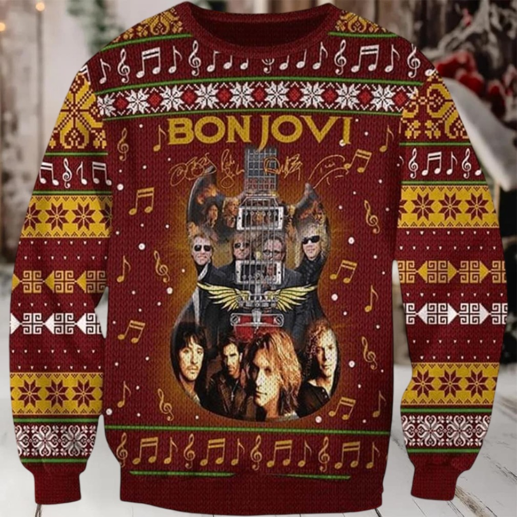 Bon Jovi Band Guitar With Signatures Band Photos Vintage Ugly Christmas Sweater Bon Jovi Band Guitar With Signatures Band Photos Vintage Ugly Christmas Sweater