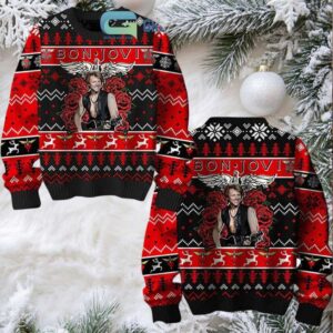 Bon Jovi Bed Of Roses Keep the Faith Inspired Knitted Black And Red Ugly Christmas Sweater