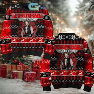 Bon Jovi Bed Of Roses Keep the Faith Inspired Knitted Black And Red Ugly Christmas Sweater