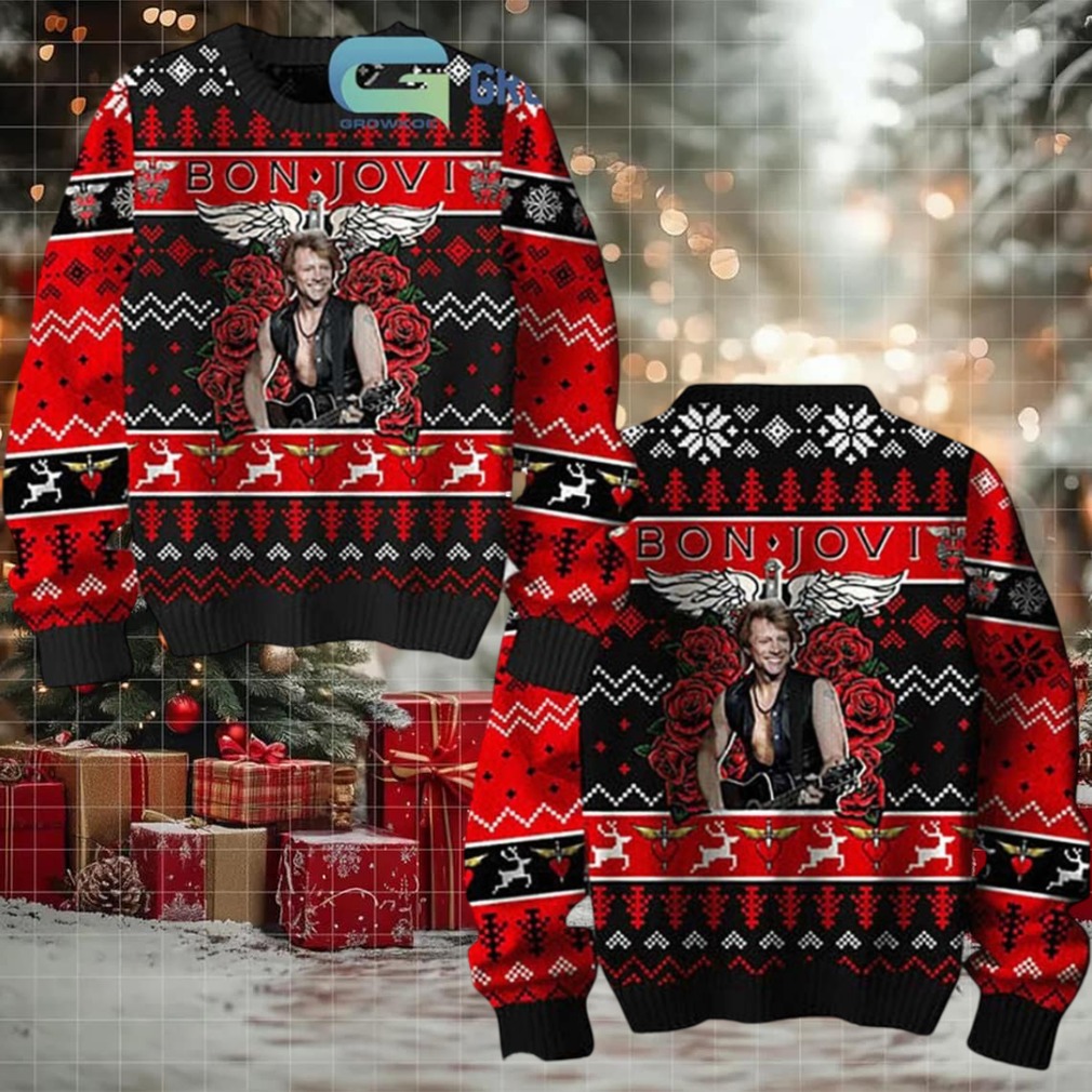 Bon Jovi Bed Of Roses Keep the Faith Inspired Knitted Black And Red Ugly Christmas Sweater