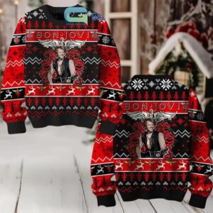 Bon Jovi Bed Of Roses Keep the Faith Inspired Knitted Black And Red Ugly Christmas Sweater