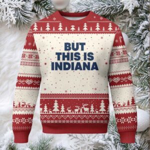 But This Is Indiana Ugly Christmas Sweater Hoosier Basketball Fans Bold Blue and Gold