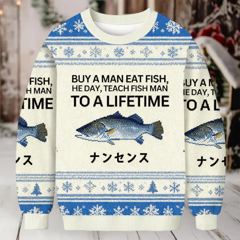 Person wearing Buy a Man Eat Fish Christmas Ugly Sweatshirt in a festive setting