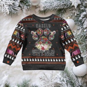 Cat And Books Christmas Kid Ugly Christmas Sweater Xmas Holiday Patterns