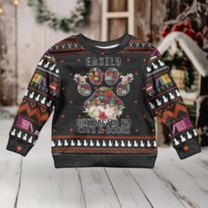 Cat And Books Christmas Kid Ugly Christmas Sweater Xmas Holiday Patterns