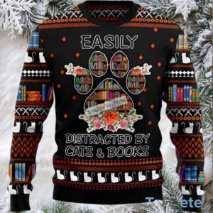 Cat And Books Easily Distracted Ugly Christmas Sweater Ladies
