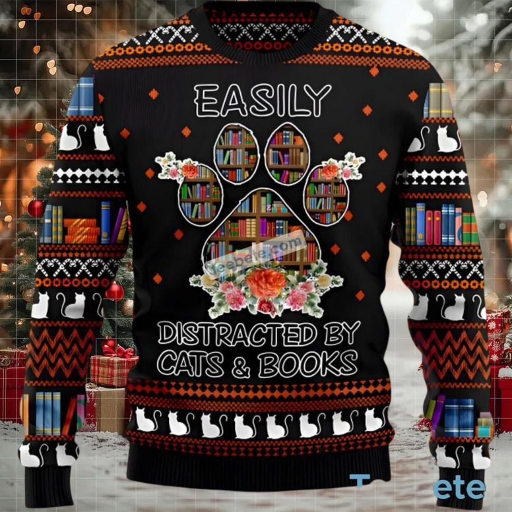 Cat And Books Easily Distracted Ugly Christmas Sweater Ladies