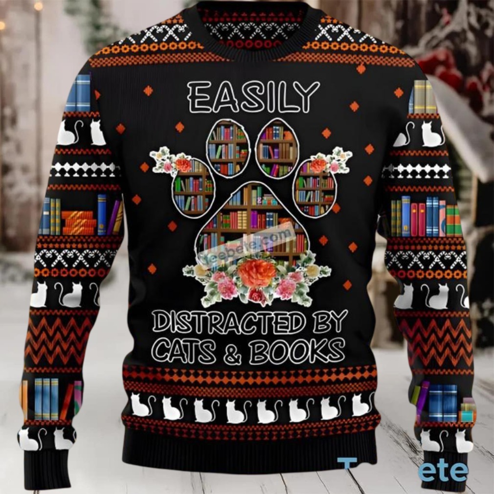 Cat And Books Easily Distracted Ugly Christmas Sweater Ladies Cat And Books Easily Distracted Ugly Christmas Sweater Ladies