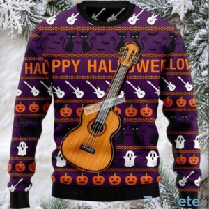Cat And Pumpkin Guitar Halloween Womens Ugly Christmas Sweater