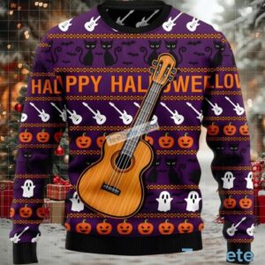 Cat And Pumpkin Guitar Halloween Womens Ugly Christmas Sweater