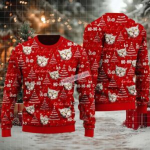 Cat Ho Ho Ho Red Ugly Sweater Christmas Party