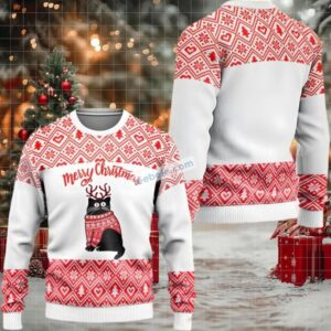 Cat Merry Christmas White Red Family Ugly Christmas Sweaters
