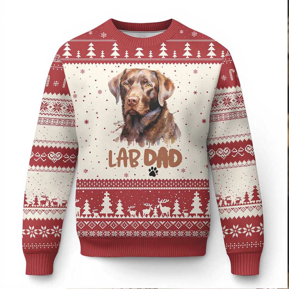 Man wearing Chocolate Labrador Retriever Dad Ugly Christmas Sweater with his dog