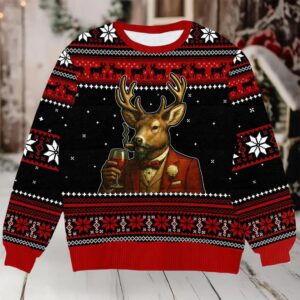 Classy Deer Drinking Wine Ugly Christmas Sweater, Funny Holiday Party Outfit for Men