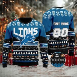 Custom Name Number Nfl Detroit Lions Rugby Stadium Ugly Christmas Sweater