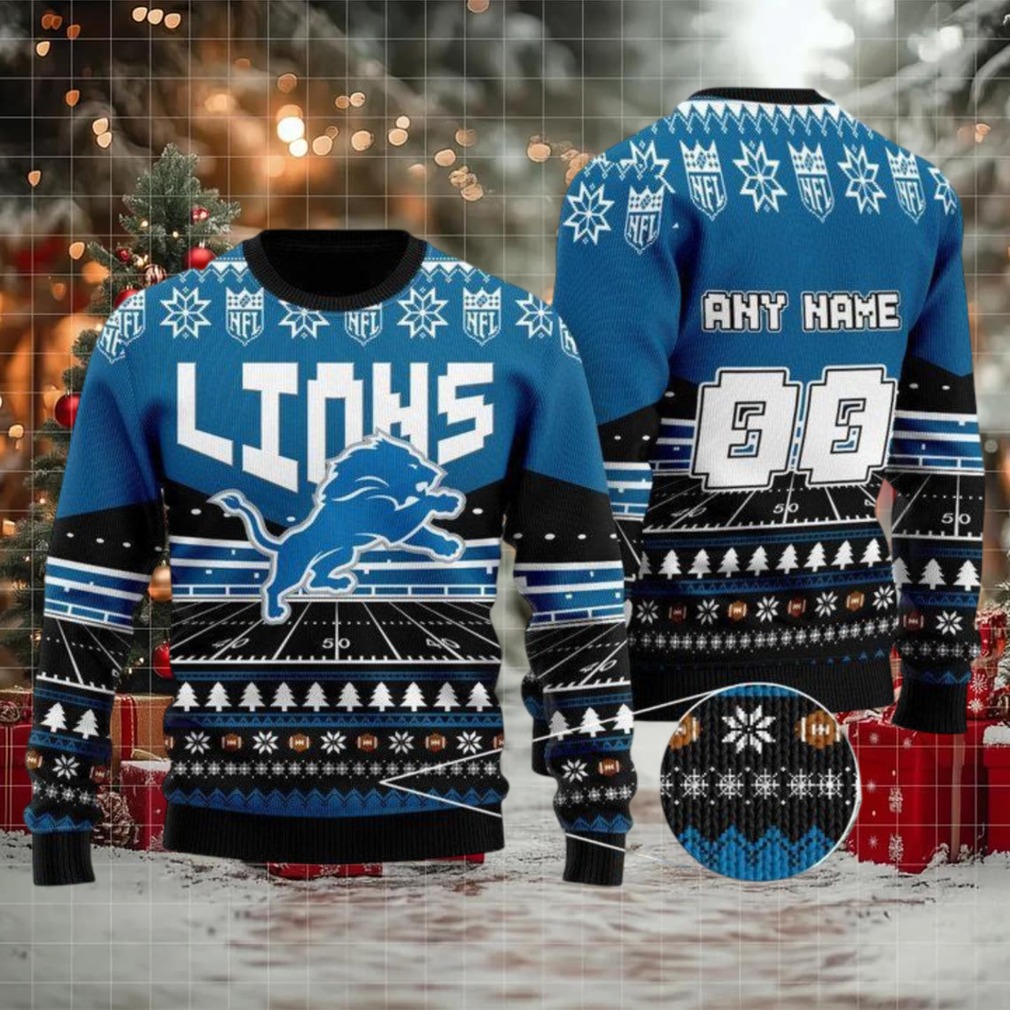 Custom Name Number Nfl Detroit Lions Rugby Stadium Ugly Christmas Sweater Custom Name Number Nfl Detroit Lions Rugby Stadium Ugly Christmas Sweater