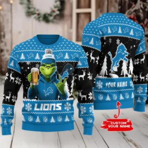 Detroit Lions Grinch With Beer Ugly Christmas Sweater