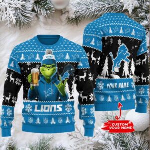 Detroit Lions Grinch With Beer Ugly Christmas Sweater