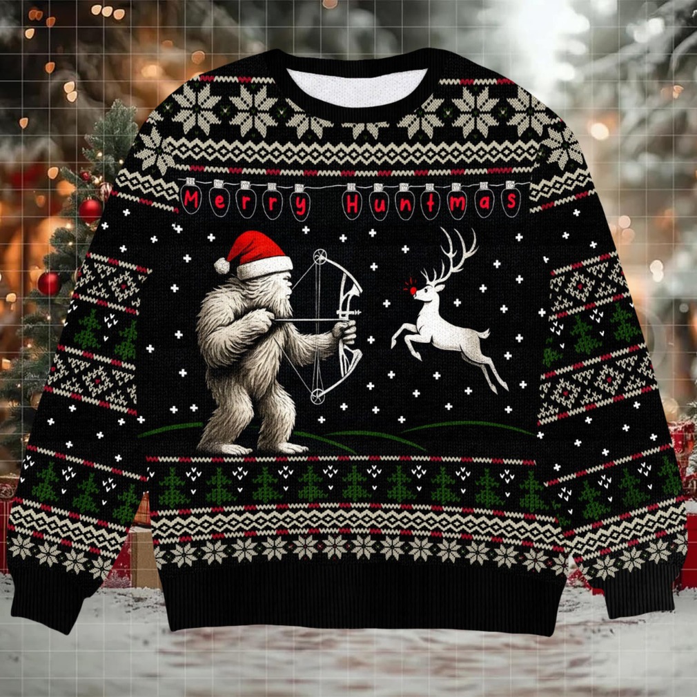 Funny Bigfoot Merry Huntmas Ugly Christmas Sweater, Hunter Holiday Party Sweater