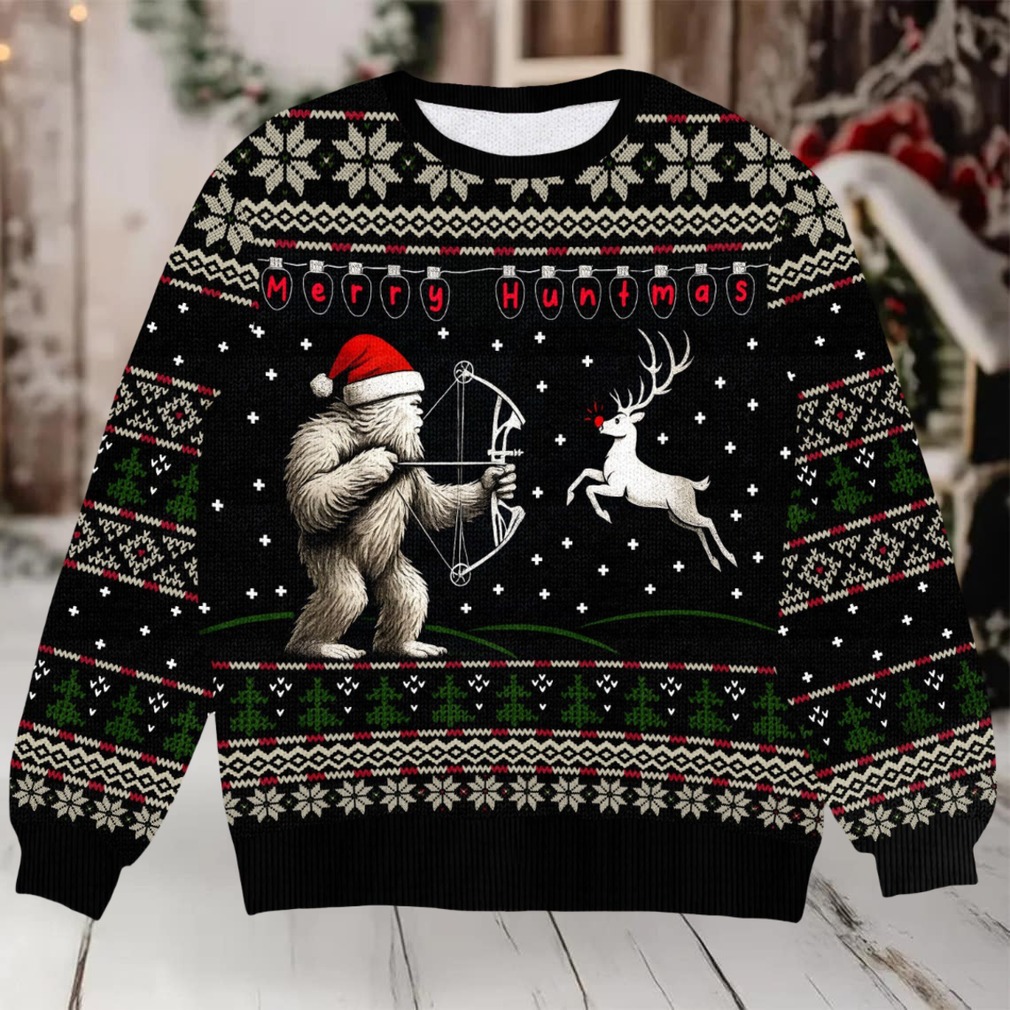 Funny Bigfoot Merry Huntmas Ugly Christmas Sweater, Hunter Holiday Party Sweater