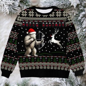 Funny Bigfoot Merry Huntmas Ugly Christmas Sweater, Hunter Holiday Party Sweater