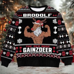 Funny Brodolf Gym Christmas Sweater Red Nose Gainzdeer Holiday Pullover Ugly Xmas Sweater for Hunt lover