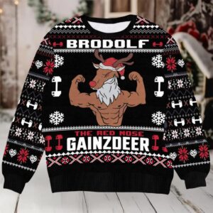 Funny Brodolf Gym Christmas Sweater Red Nose Gainzdeer Holiday Pullover Ugly Xmas Sweater for Hunt lover