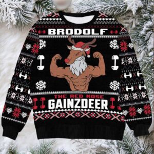 Funny Brodolf Gym Christmas Sweater Red Nose Gainzdeer Holiday Pullover Ugly Xmas Sweater for Hunt lover