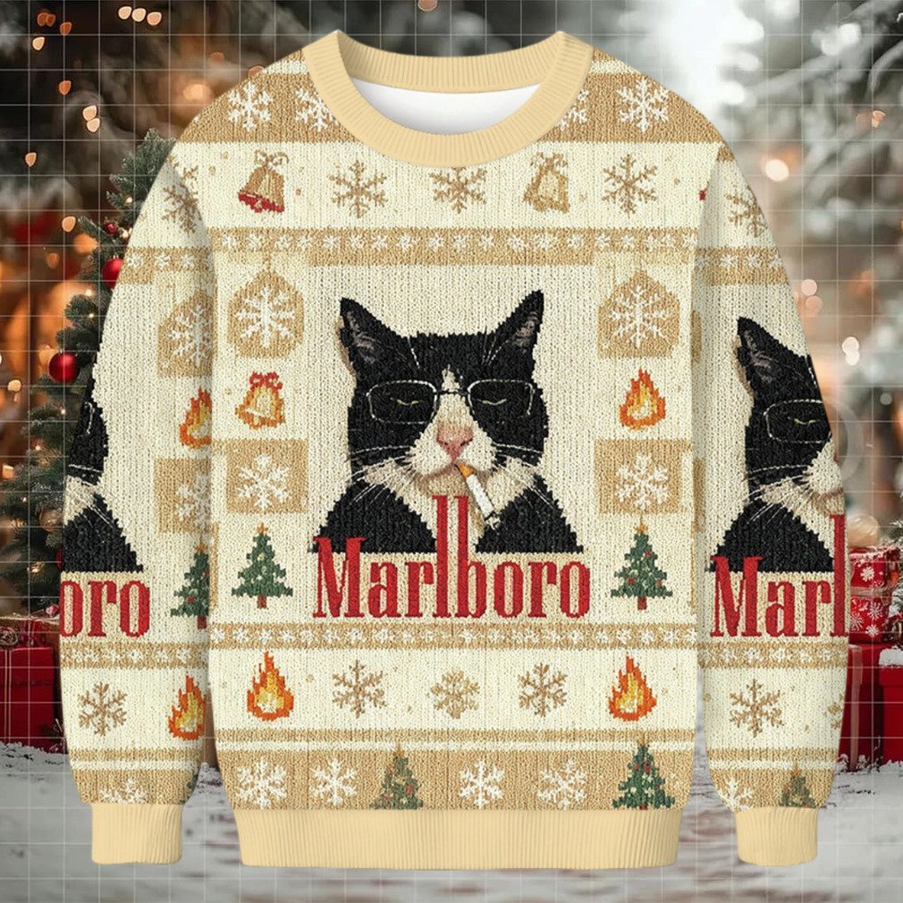 Funny Cat Smoking Cigarette Meme Christmas Ugly Sweatshirt front view