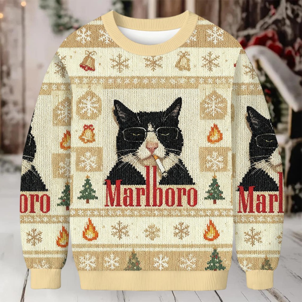 Funny Cat Smoking Cigarette Meme Christmas Ugly Sweatshirt side view