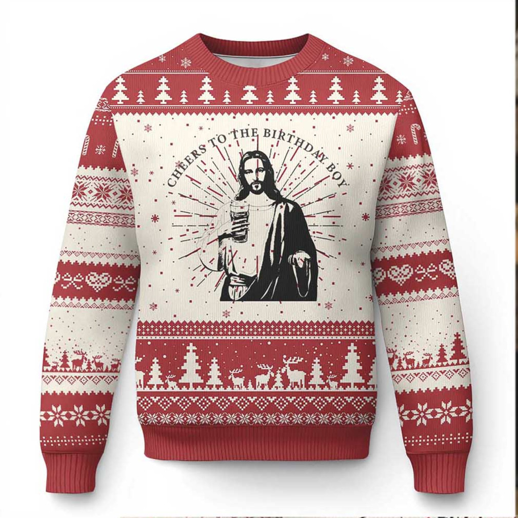 Funny Cheers To The Birthday Boy Ugly Christmas Sweater model wearing
