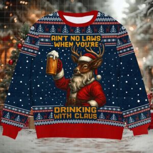 Funny Drinking With Claus Ugly Christmas Sweater, Deer Beer Santa Holiday Sweater