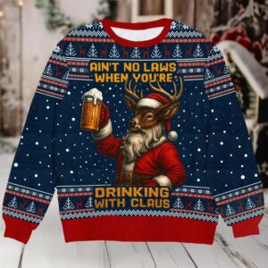 Funny Drinking With Claus Ugly Christmas Sweater, Deer Beer Santa Holiday Sweater