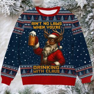 Funny Drinking With Claus Ugly Christmas Sweater, Deer Beer Santa Holiday Sweater