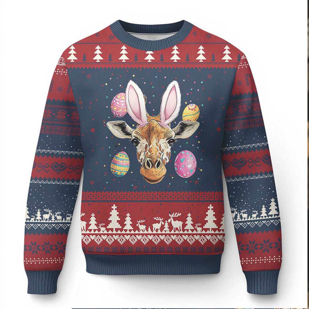 Close-up of the Funny Giraffe Bunny Ugly Christmas Sweater design