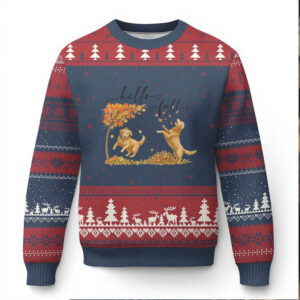Funny Hello Fall Thanksgiving Golden Retriever Ugly Christmas Sweater