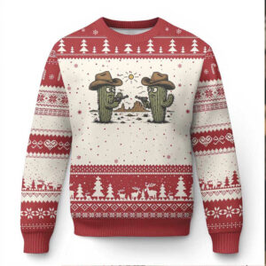 Funny Lone Star Cactus Cowboy Gunfight Gift Ugly Christmas Sweater
