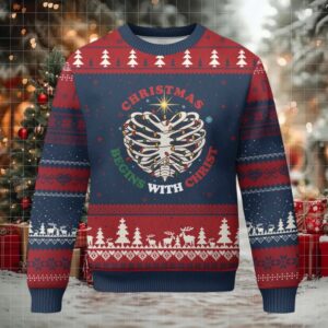 Funny Skeleton Christian Ugly Christmas Sweater Xmas Begins With Christ