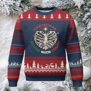 Funny Skeleton Christian Ugly Christmas Sweater Xmas Begins With Christ