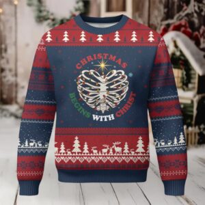 Funny Skeleton Christian Ugly Christmas Sweater Xmas Begins With Christ
