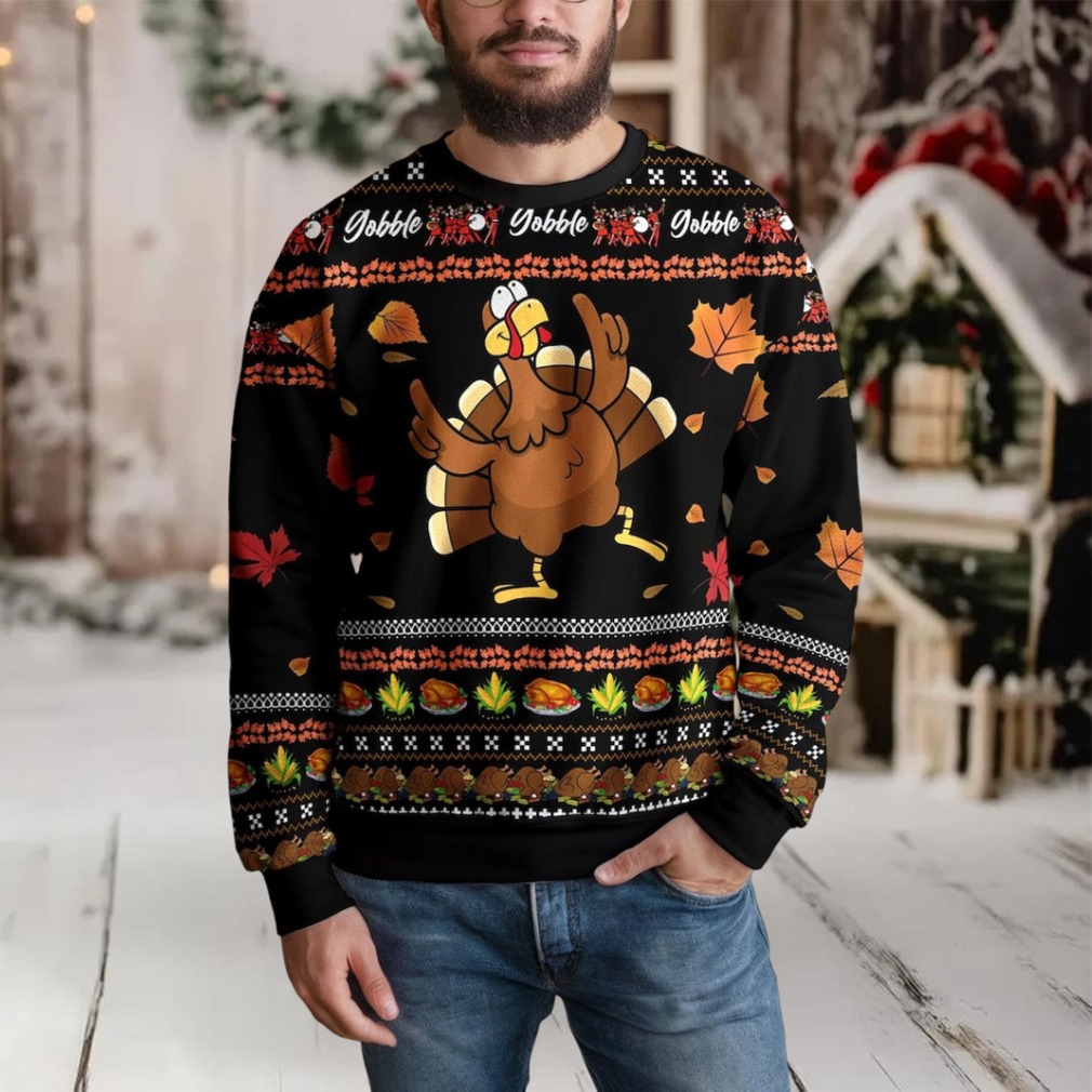 Funny Turkey Thanksgiving Gobble Gobble Fall Leaves Ugly Christmas Sweater