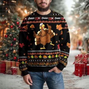 Funny Turkey Thanksgiving Gobble Gobble Fall Leaves Ugly Christmas Sweater