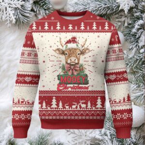 Funny Xmas Highland Cow Ugly Christmas Sweater Mooey Xmas Western Cow Santa Hat